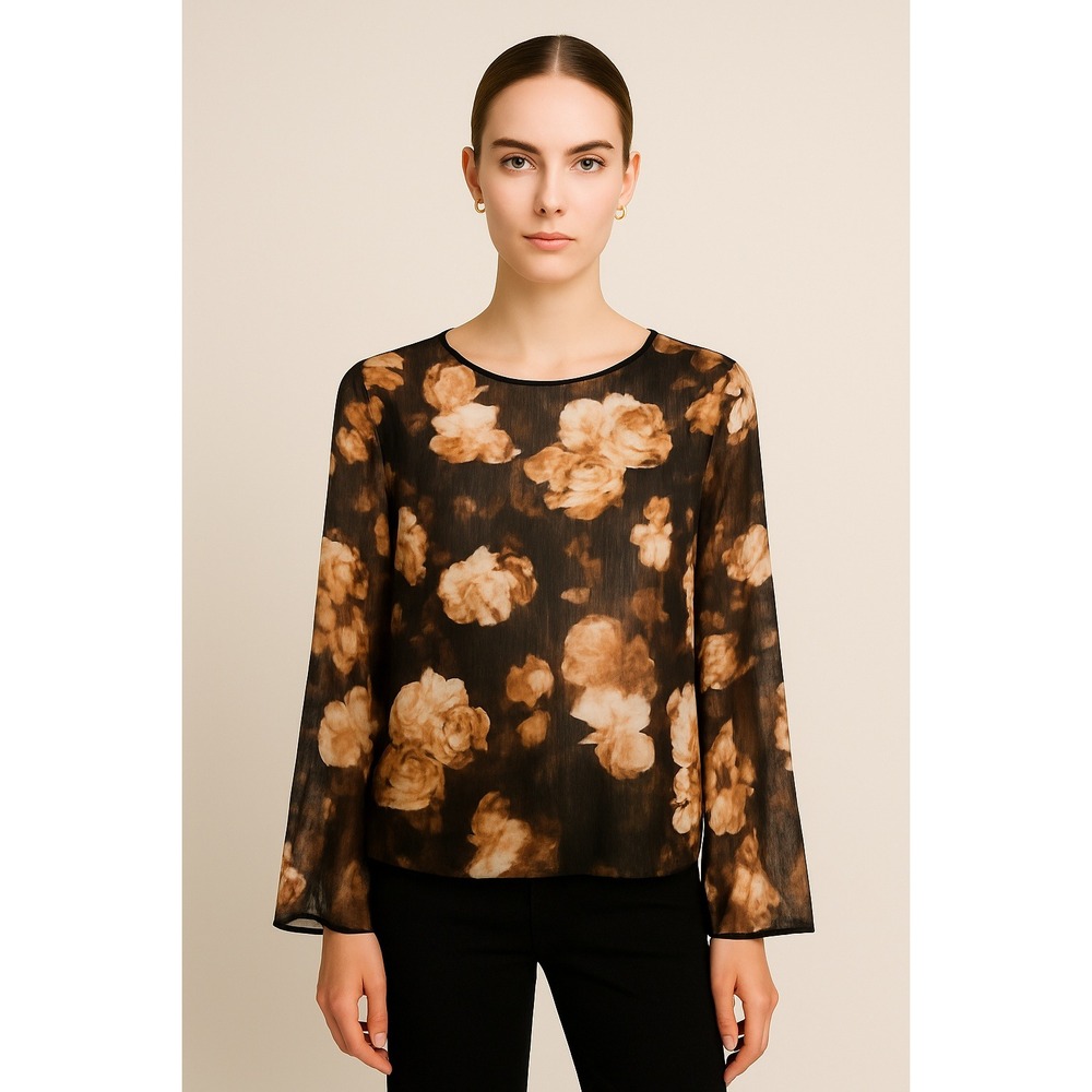 Lord and Taylor black printed roses bell sleeves sheer blouse size Medium